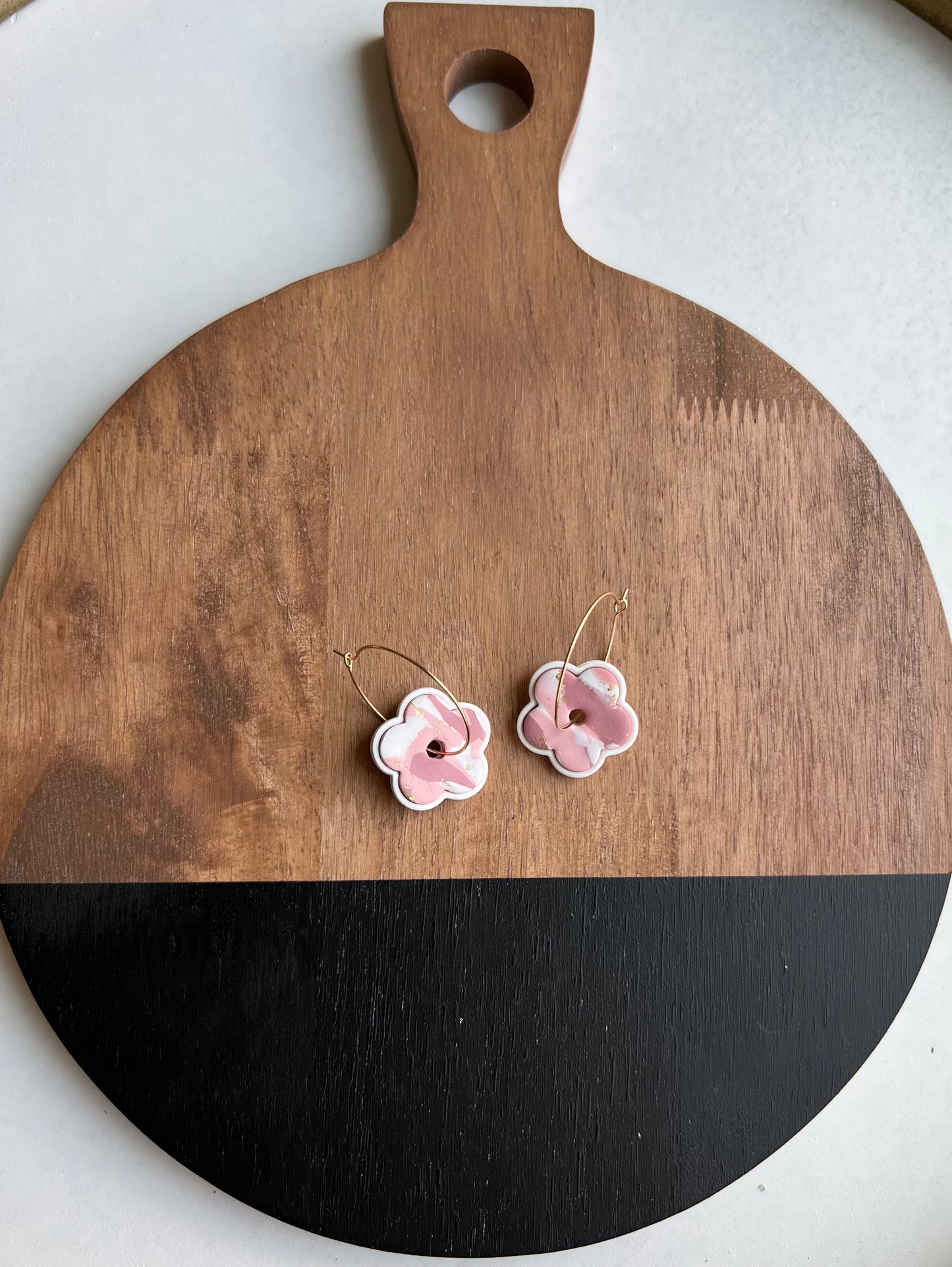 Daisy Flower Hoops - White & Pink Marble