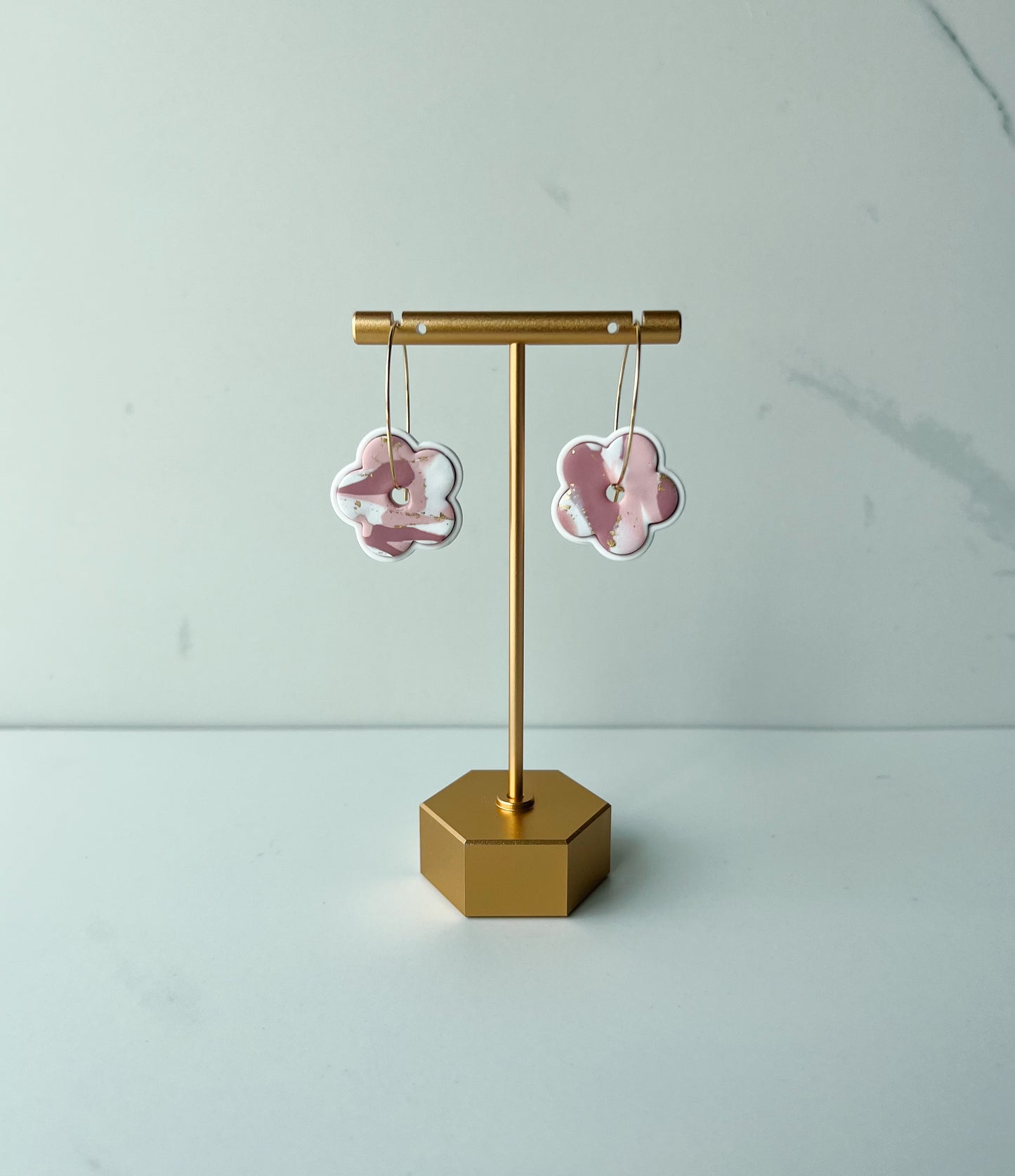 Daisy Flower Hoops - White & Pink Marble