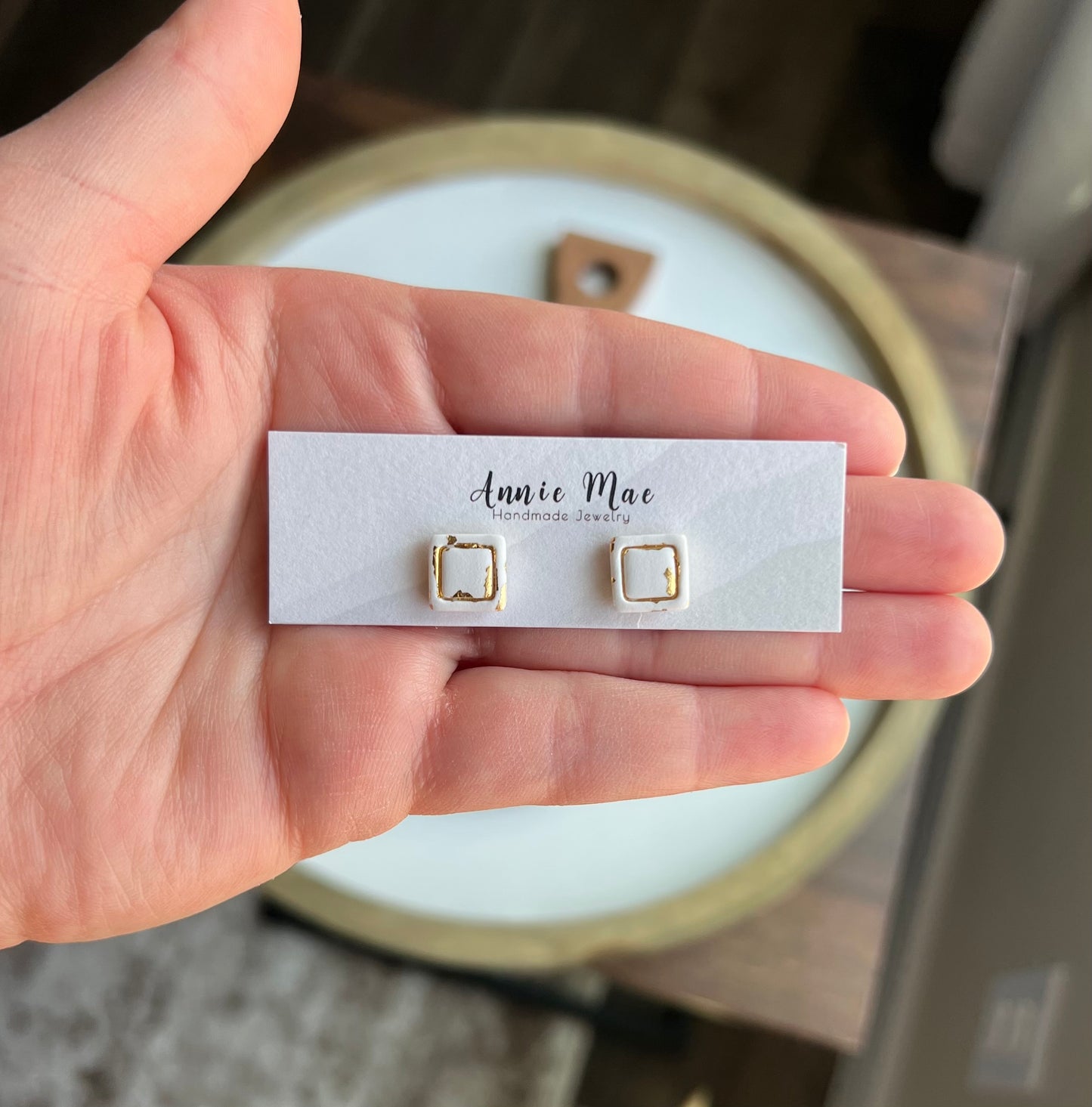 Embossed Square Stud - White & Gold