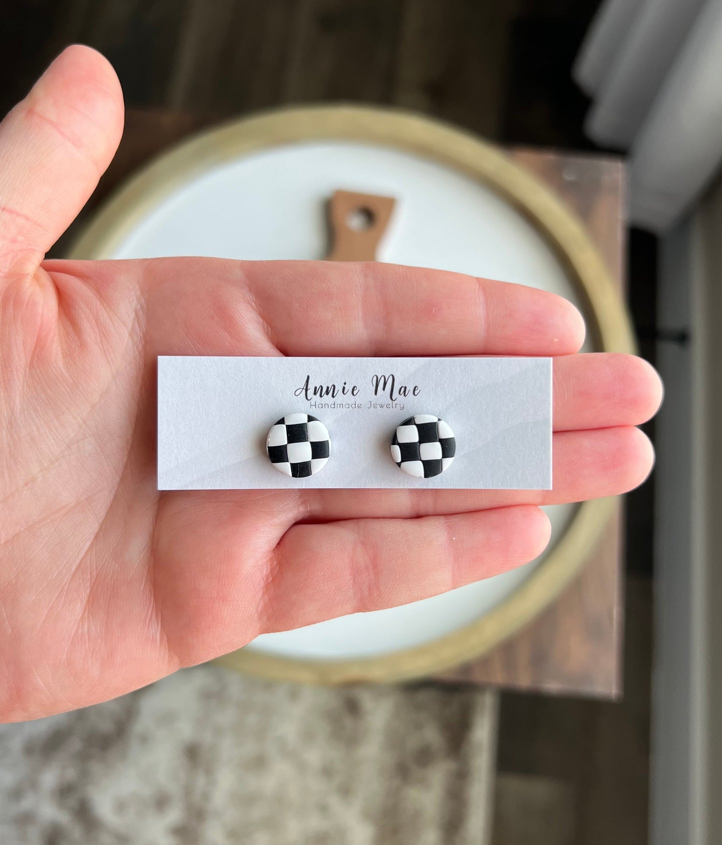 Checkered Circle Stud - Black & White