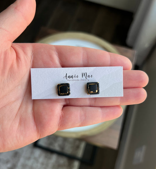 Embossed Square Stud - Black & Gold