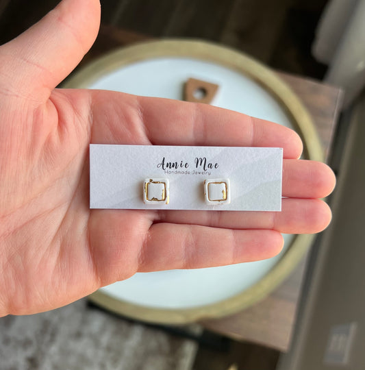 Embossed Square Stud - White & Gold